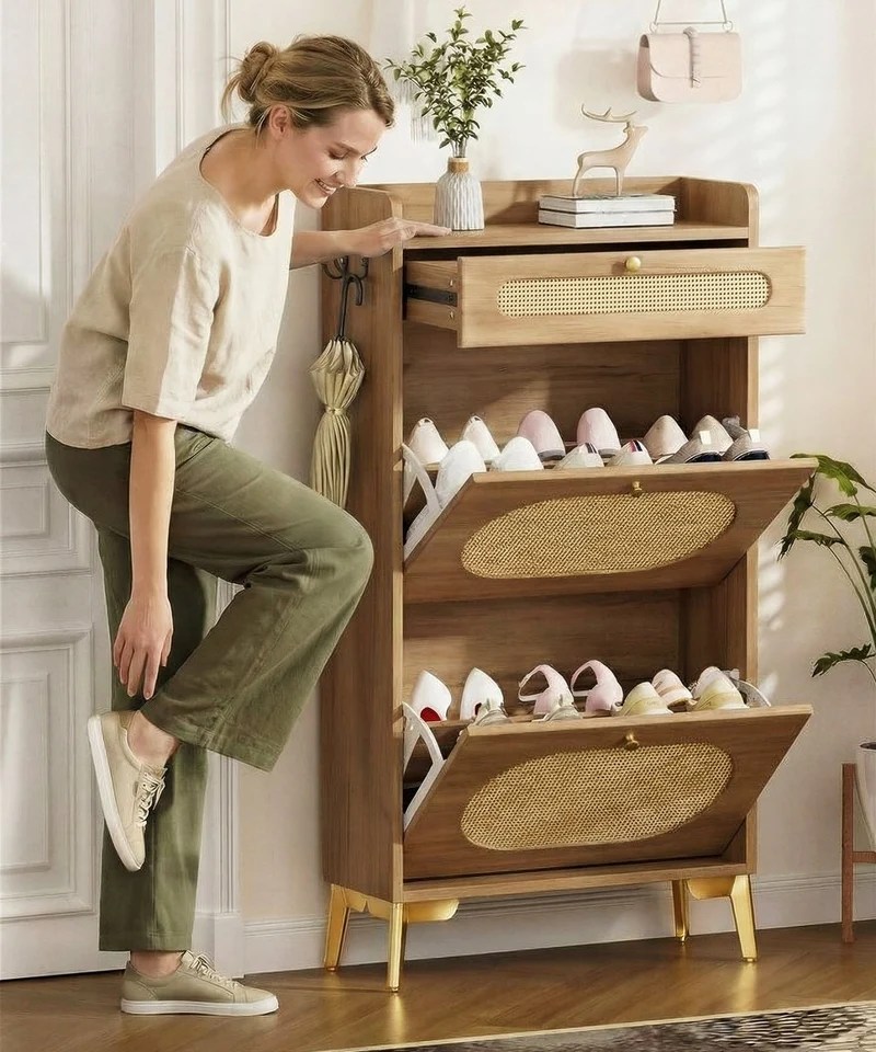 Yorbay Schuhschrank mit 2 Klappfächern & Schublade, 110,5 × 60 × 24 cm