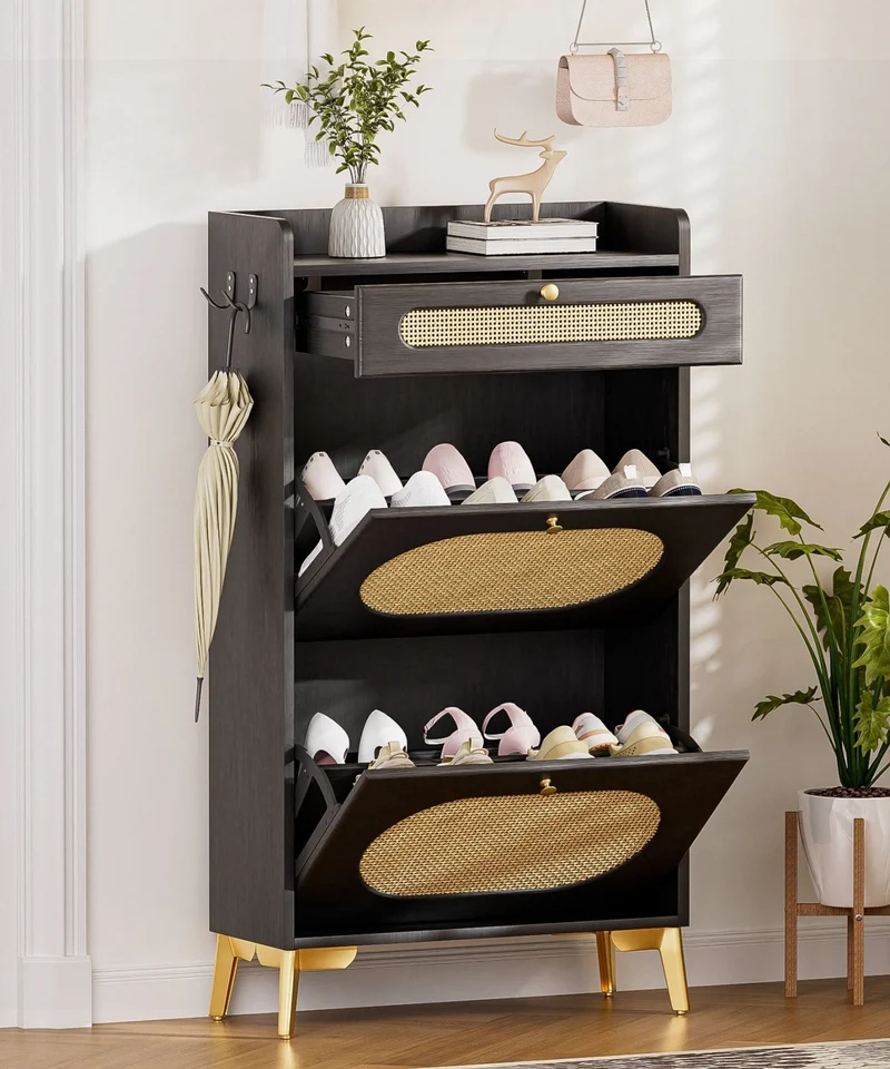 Yorbay Schuhschrank mit 2 Klappfächern & Schublade, 110,5 × 60 × 24 cm