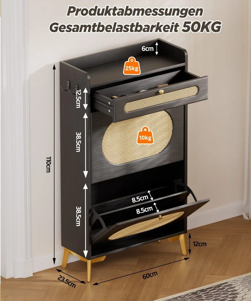 Yorbay Schuhschrank mit 2 Klappfächern & Schublade, 110,5 × 60 × 24 cm