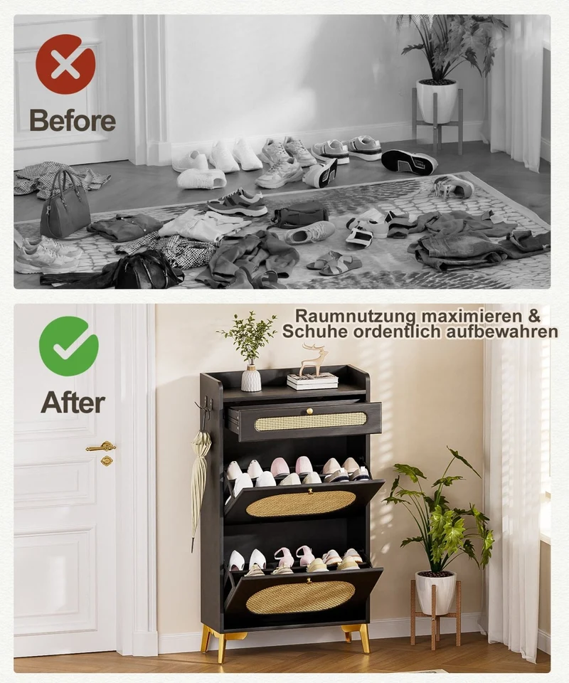 Yorbay Schuhschrank mit 2 Klappfächern & Schublade, 110,5 × 60 × 24 cm