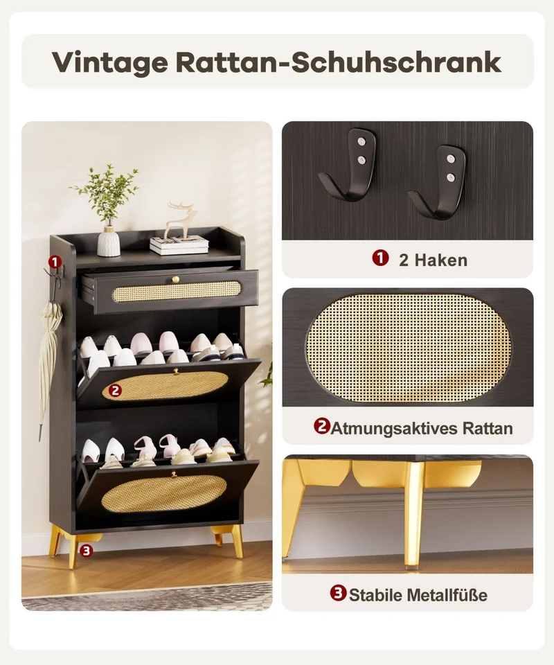 Yorbay Schuhschrank mit 2 Klappfächern & Schublade, 110,5 × 60 × 24 cm