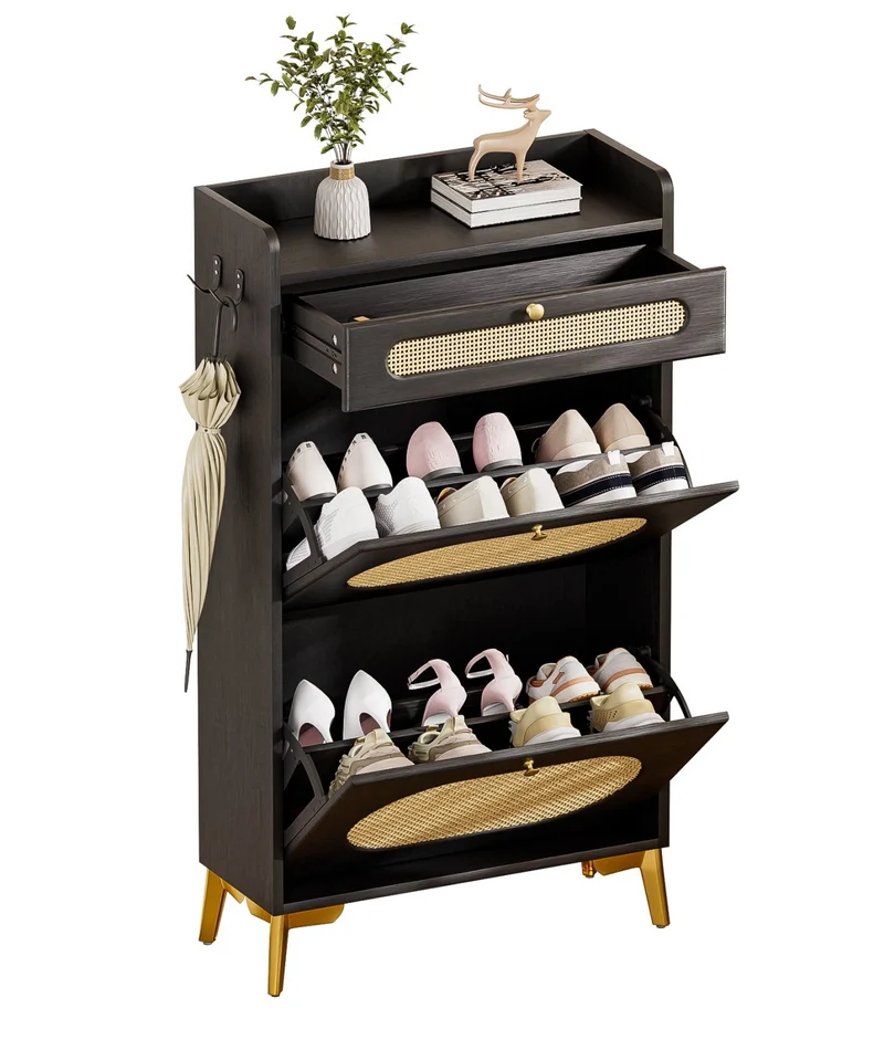 Yorbay Schuhschrank mit 2 Klappfächern & Schublade, 110,5 × 60 × 24 cm