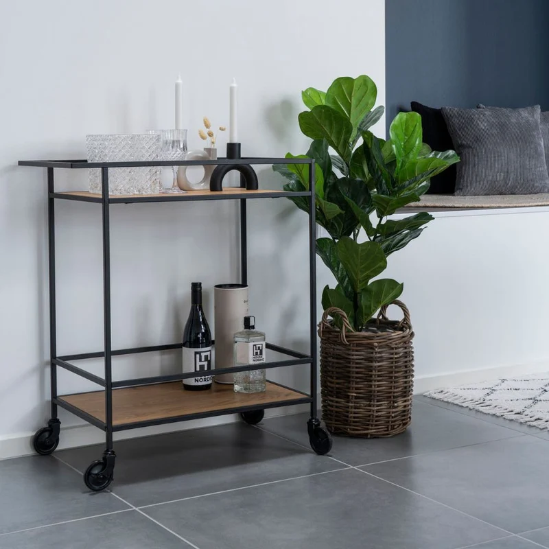 Moderner Bar-Rollwagen LEVEN 80cm schwarz + Eiche-Look Servierwagen