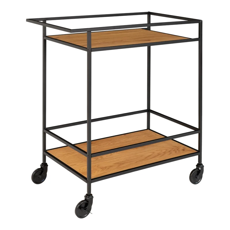 Moderner Bar-Rollwagen LEVEN 80cm schwarz + Eiche-Look Servierwagen