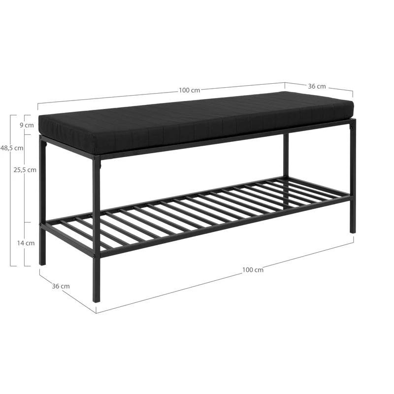 Moderne Bank LEVEN 100cm schwarz + Ablage mit Kissen