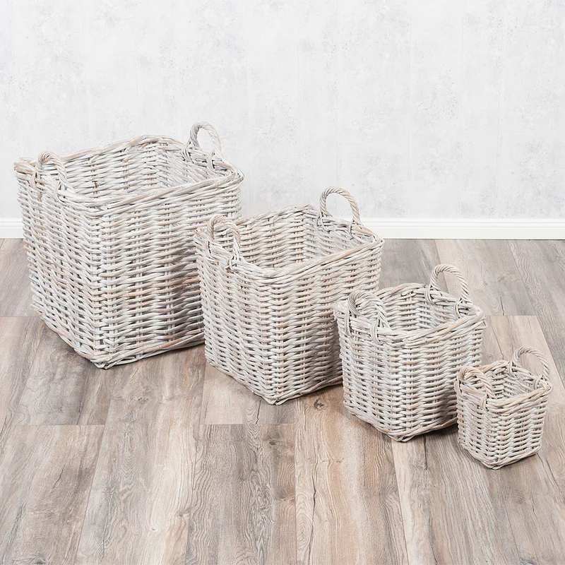 Rattankorb BAKUL eckig White 40x40cm mit Griffen
