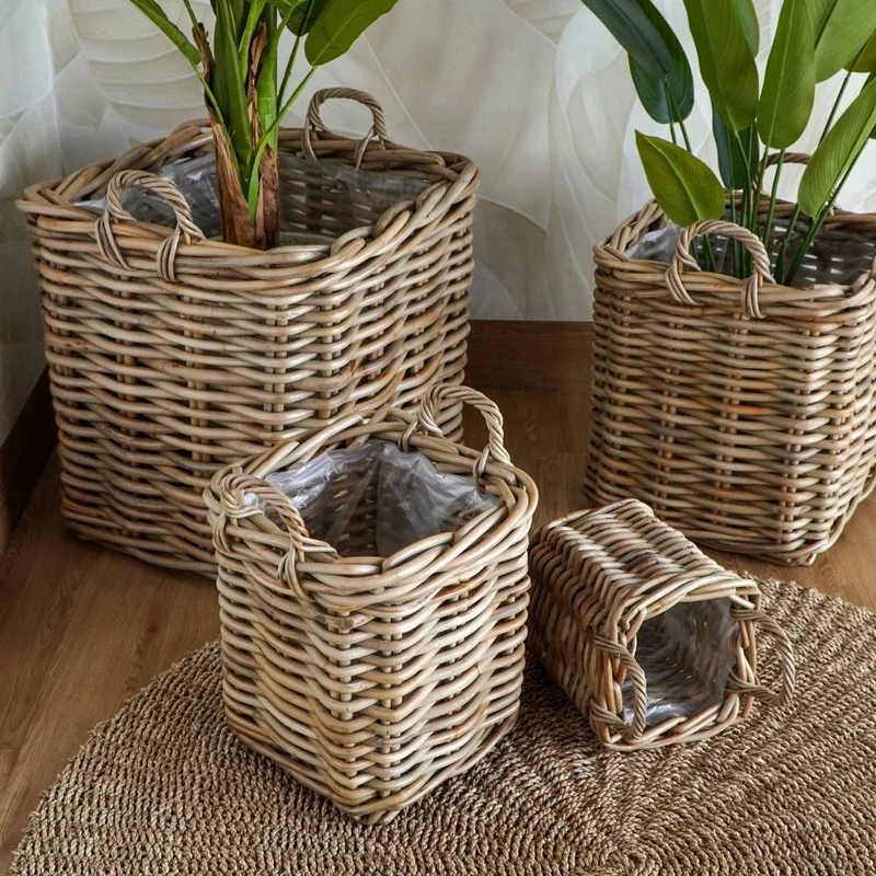 Rattankorb BAKUL eckig Grey 30x30cm mit Griffen