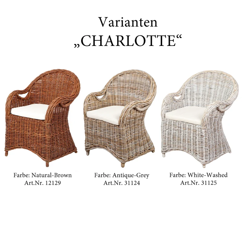 Rattan-Sessel CHARLOTTE White-Washed inkl. Sitzkissen