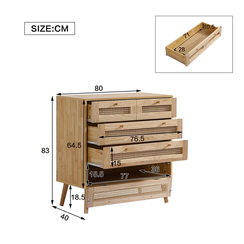 Kommode mit 3 Schubladen und Rattan-Schubladenplatte, 80 x 40 x 83 cm