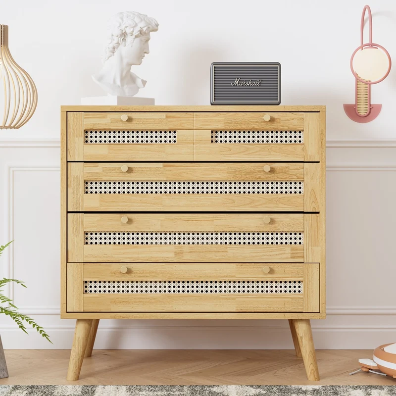 Kommode mit 3 Schubladen und Rattan-Schubladenplatte, 80 x 40 x 83 cm