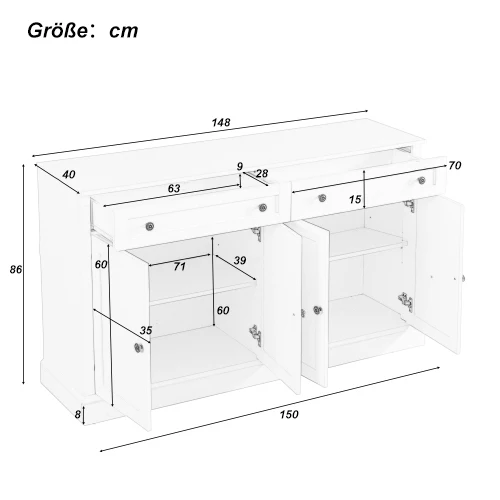 Sideboard mit 4 Türen und 2 Schubladen, 150 x 40 x 86 cm