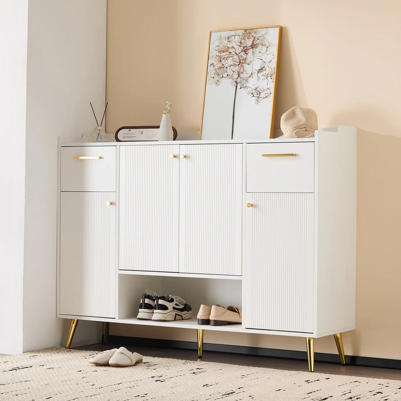 Schuhschrank mit 2 Schubladen und 4 Türen, 130 x 37 x 100 cm