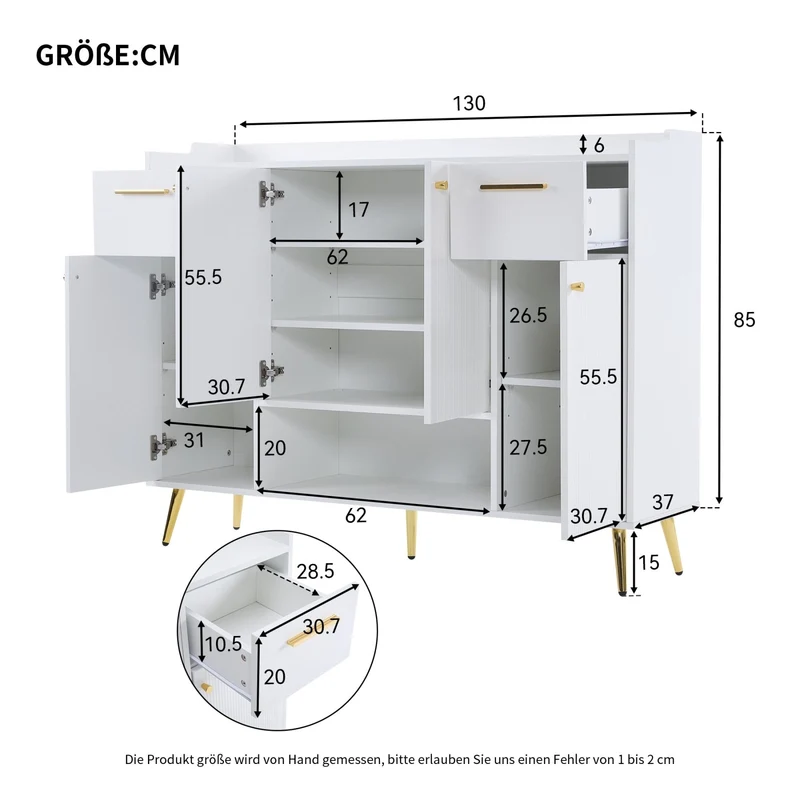 Schuhschrank mit 2 Schubladen und 4 Türen, 130 x 37 x 100 cm