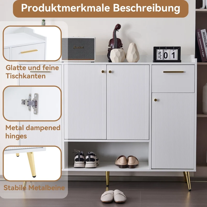 Schuhschrank mit 2 Schubladen und 4 Türen, 130 x 37 x 100 cm
