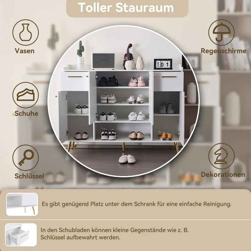 Schuhschrank mit 2 Schubladen und 4 Türen, 130 x 37 x 100 cm
