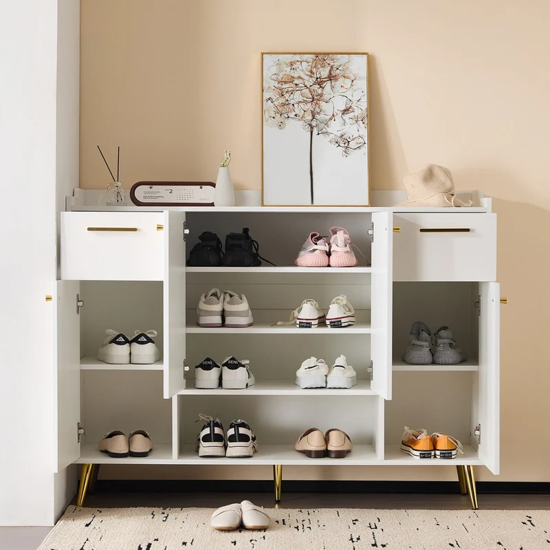Schuhschrank mit 2 Schubladen und 4 Türen, 130 x 37 x 100 cm