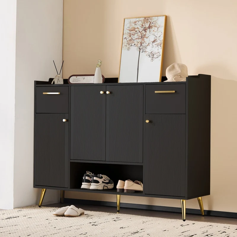 Schuhschrank mit 2 Schubladen und 4 Türen, 130 x 37 x 100 cm