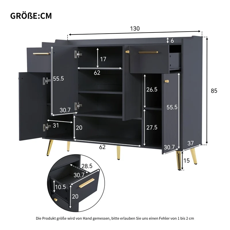 Schuhschrank mit 2 Schubladen und 4 Türen, 130 x 37 x 100 cm