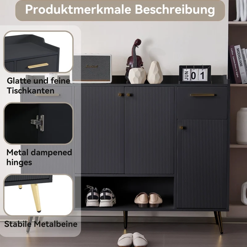 Schuhschrank mit 2 Schubladen und 4 Türen, 130 x 37 x 100 cm