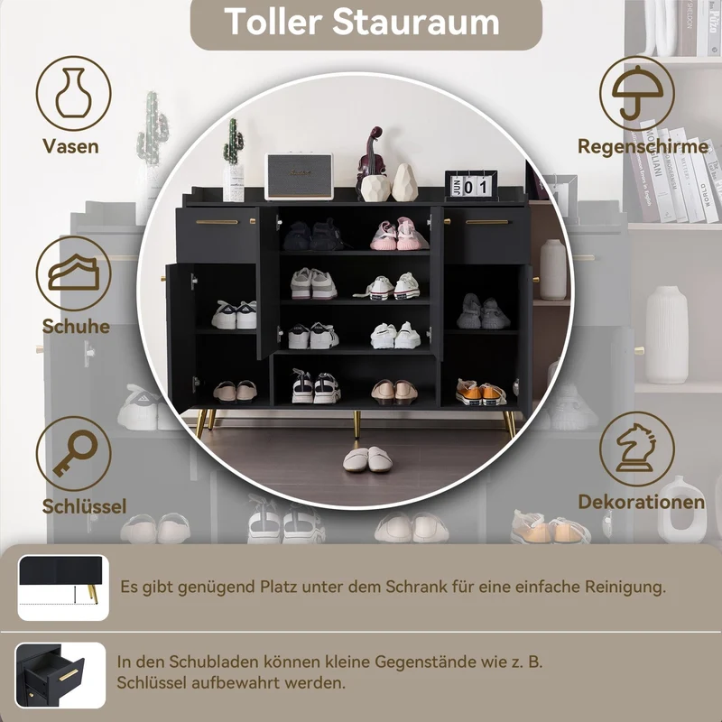 Schuhschrank mit 2 Schubladen und 4 Türen, 130 x 37 x 100 cm