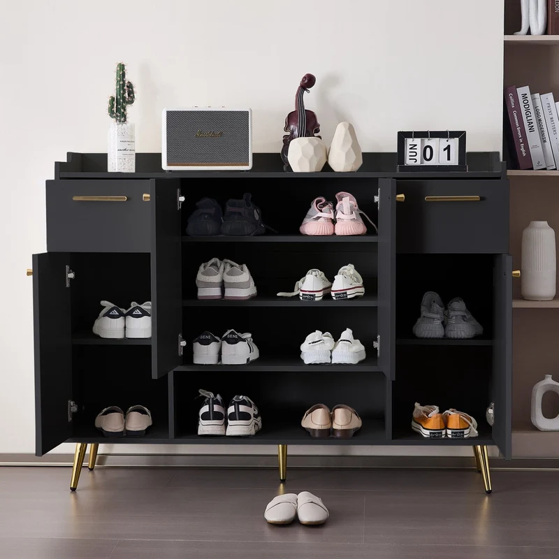 Schuhschrank mit 2 Schubladen und 4 Türen, 130 x 37 x 100 cm