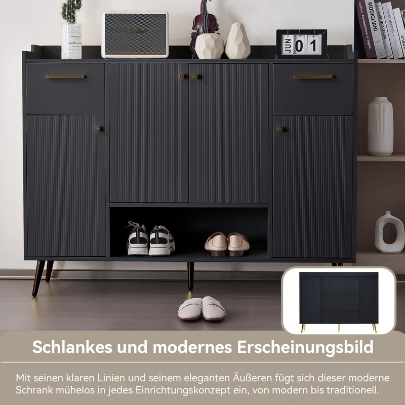 Schuhschrank mit 2 Schubladen und 4 Türen, 130 x 37 x 100 cm