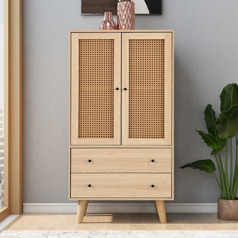 Kommode mit Türen und Schubladen, Rattan-Design, 60 x 120 x 40 cm