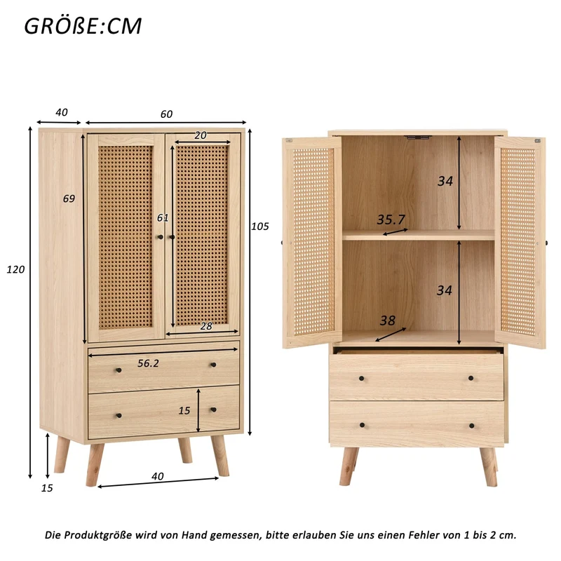 Kommode mit Türen und Schubladen, Rattan-Design, 60 x 120 x 40 cm