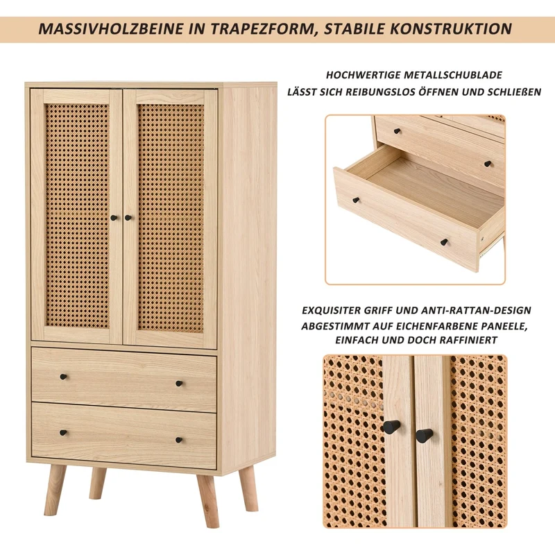 Kommode mit Türen und Schubladen, Rattan-Design, 60 x 120 x 40 cm