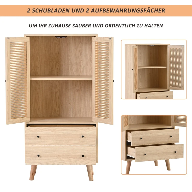 Kommode mit Türen und Schubladen, Rattan-Design, 60 x 120 x 40 cm
