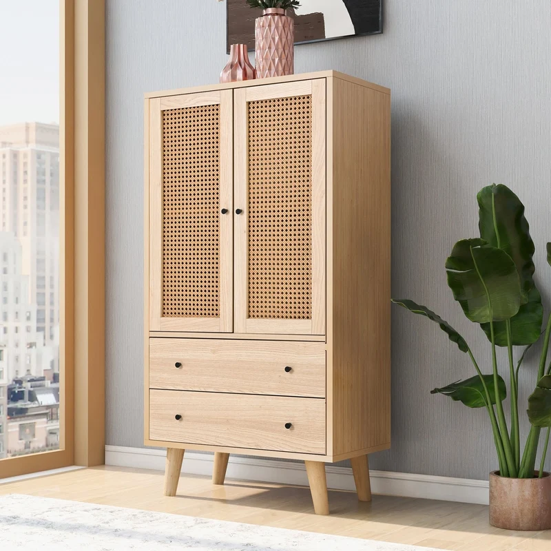 Kommode mit Türen und Schubladen, Rattan-Design, 60 x 120 x 40 cm