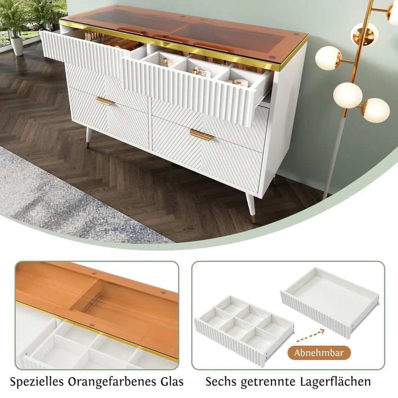 Kommode aus Bernstein Glas mit 6 Schubladen und Facheinteilung, 120 x 40 x 76 cm