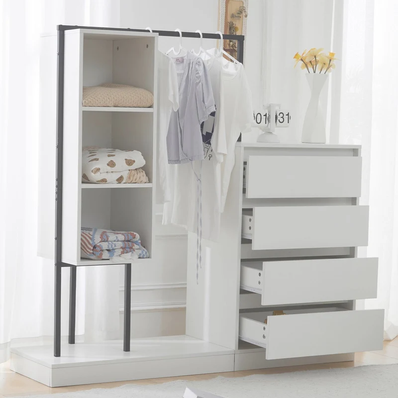 Schubladenschrank mit Kleiderstange, Kleiderschrank-Set in Weiß