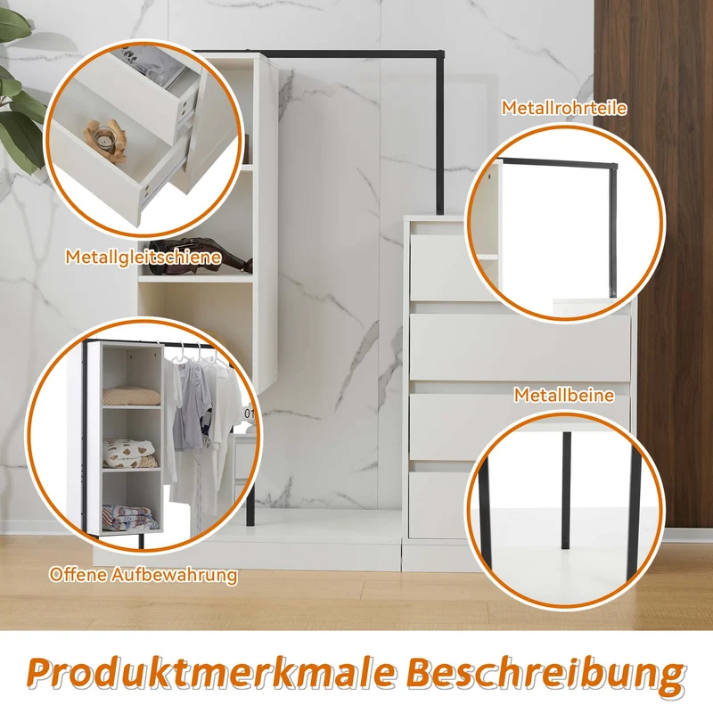 Schubladenschrank mit Kleiderstange, Kleiderschrank-Set in Weiß