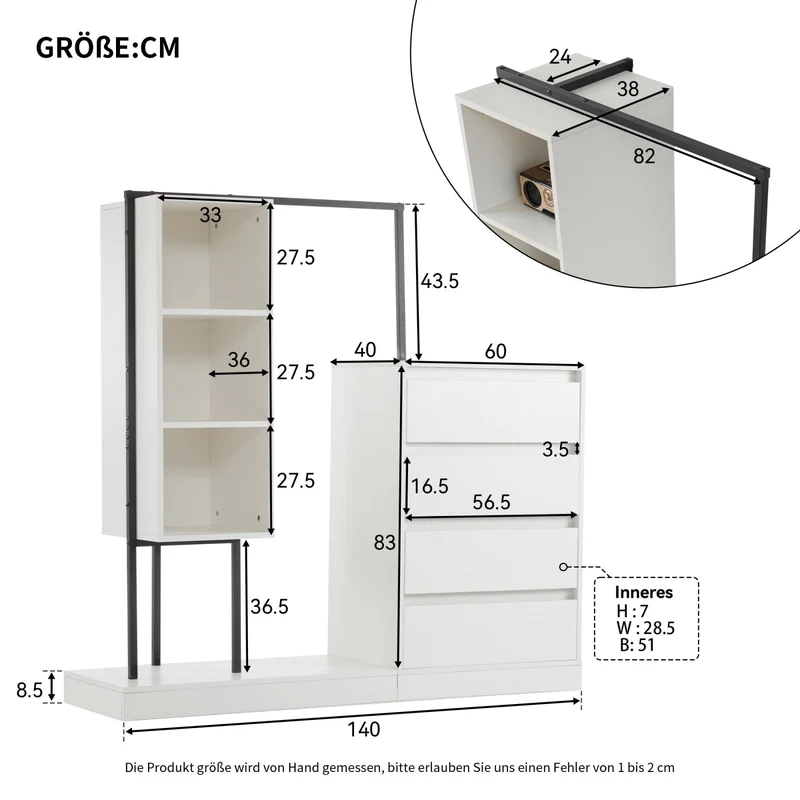 Schubladenschrank mit Kleiderstange, Kleiderschrank-Set in Weiß