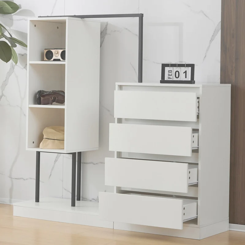 Schubladenschrank mit Kleiderstange, Kleiderschrank-Set in Weiß
