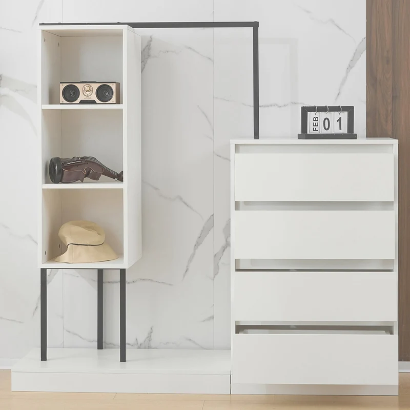 Schubladenschrank mit Kleiderstange, Kleiderschrank-Set in Weiß