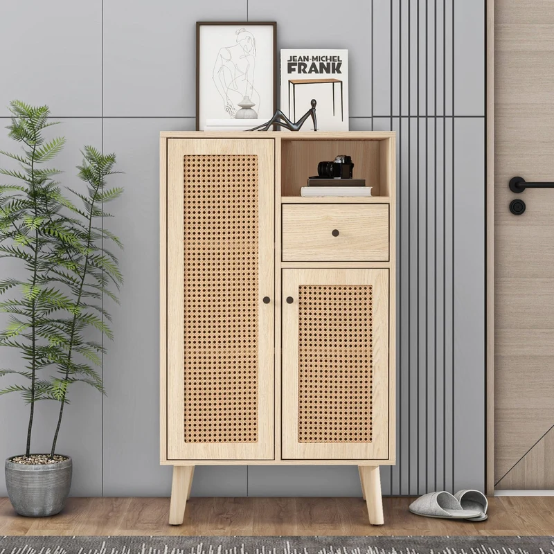 Kommode in Holzoptik mit Rattantüren und Schublade, 60 x 40 x 101 cm