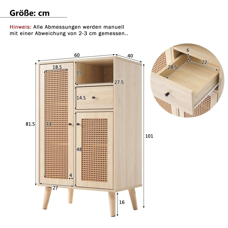 Kommode in Holzoptik mit Rattantüren und Schublade, 60 x 40 x 101 cm