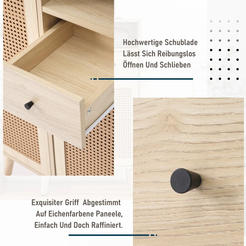 Kommode in Holzoptik mit Rattantüren und Schublade, 60 x 40 x 101 cm