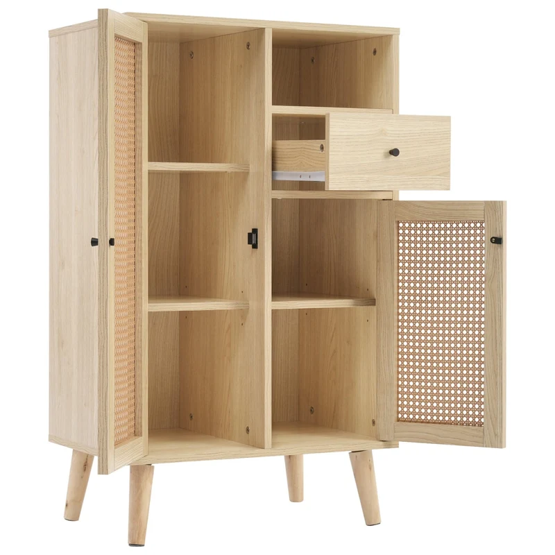 Kommode in Holzoptik mit Rattantüren und Schublade, 60 x 40 x 101 cm