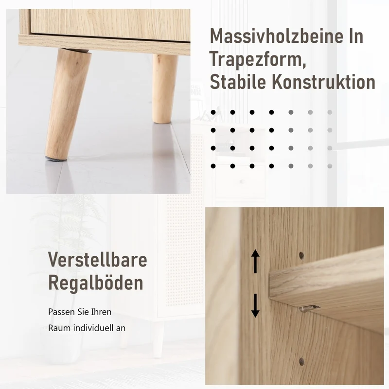 Kommode in Holzoptik mit Rattantüren und Schublade, 60 x 40 x 101 cm