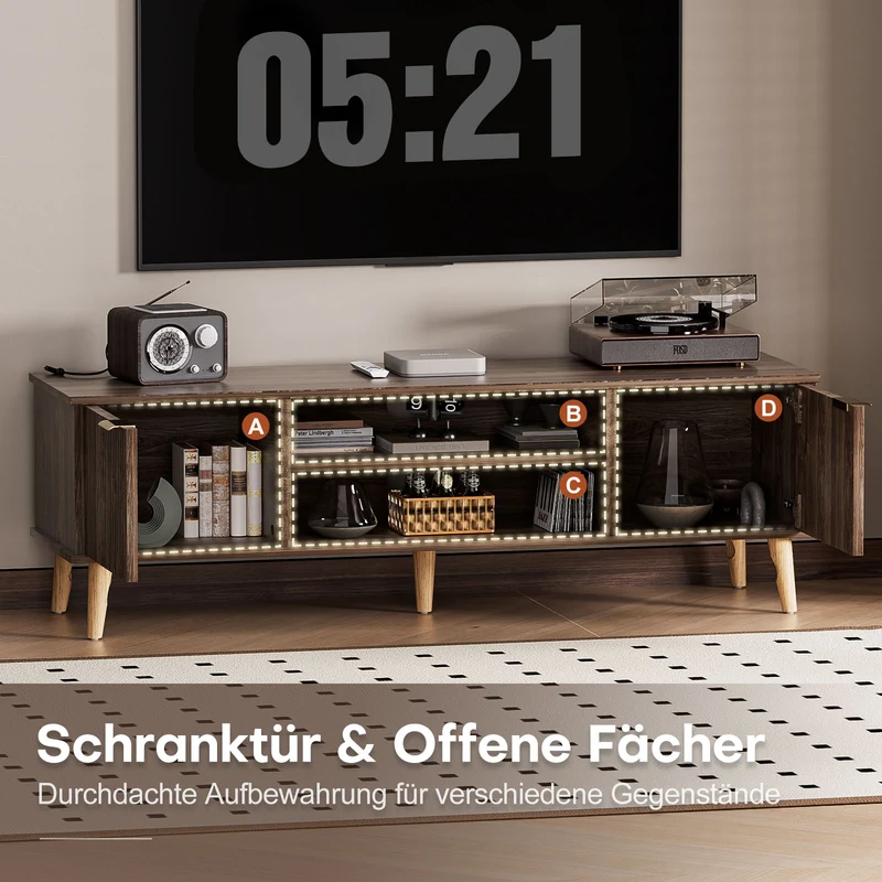 Yorbay TV-Bank mit Türen & offenen Fächern, 147 cm, Dunkelwalnuss