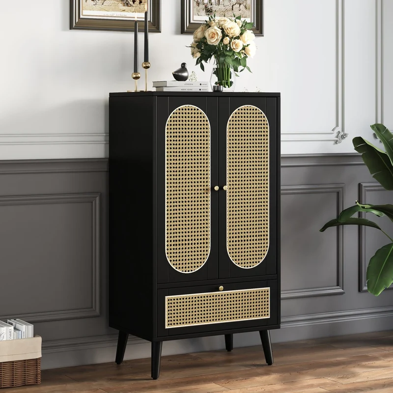 Sideboard mit Rattan-Design, mit 2 Türen und 1 Schublade, 60 x 40 x 110.5 cm