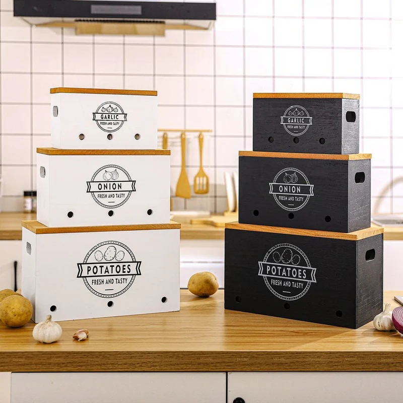 Yorbay 3er-Set Kartoffel-Aufbewahrungsboxen aus Holz, schwarz/weiß