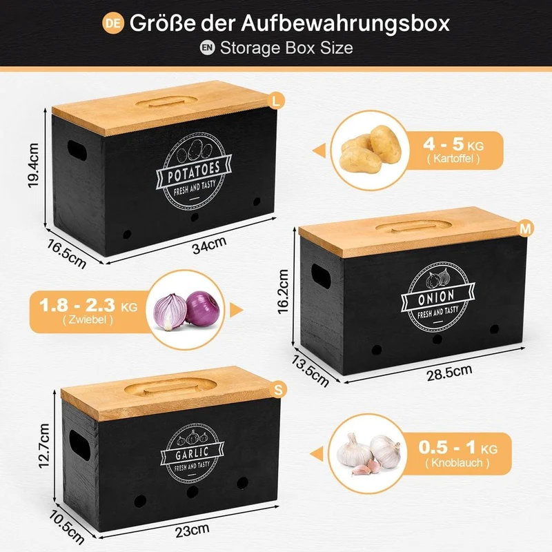 Yorbay 3er-Set Kartoffel-Aufbewahrungsboxen aus Holz, schwarz/weiß