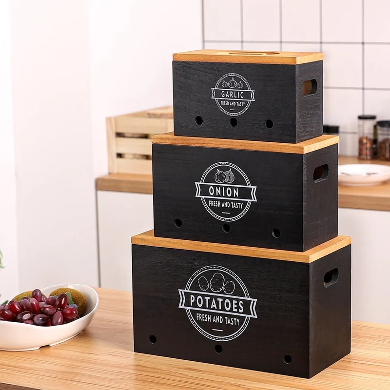 Yorbay 3er-Set Kartoffel-Aufbewahrungsboxen aus Holz, schwarz/weiß