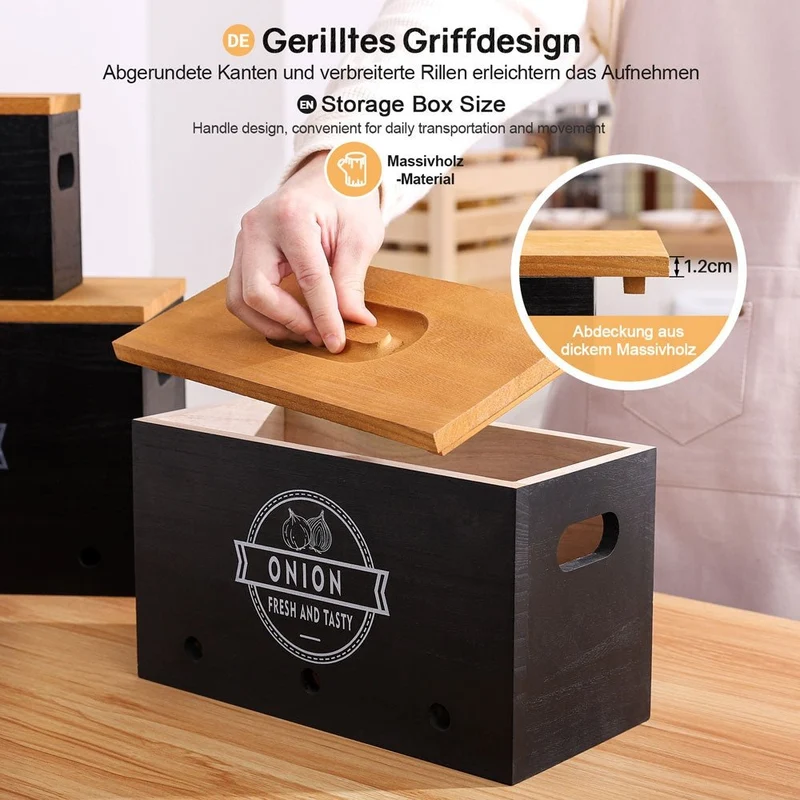 Yorbay 3er-Set Kartoffel-Aufbewahrungsboxen aus Holz, schwarz/weiß