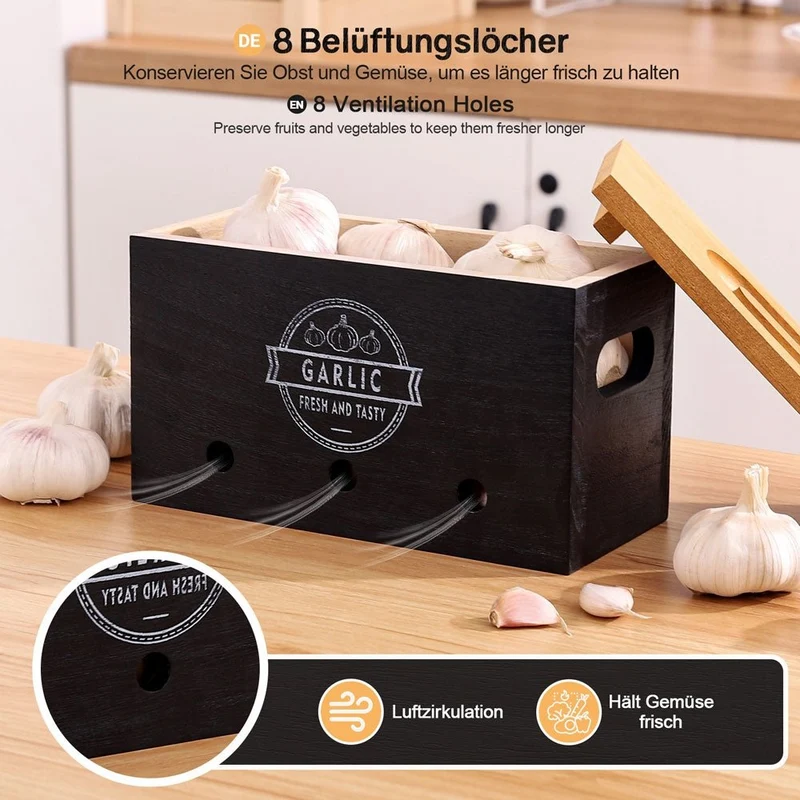 Yorbay 3er-Set Kartoffel-Aufbewahrungsboxen aus Holz, schwarz/weiß