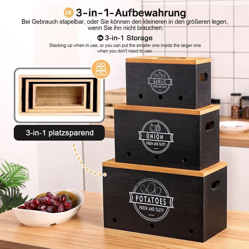 Yorbay 3er-Set Kartoffel-Aufbewahrungsboxen aus Holz, schwarz/weiß